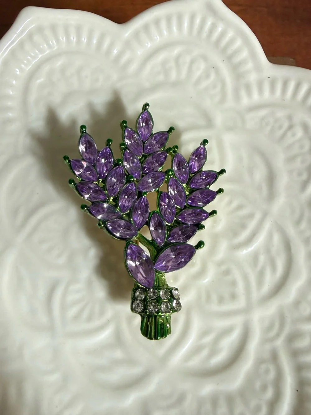 purple lavender bouquet brooch adorned sparkling crystal rhinestones green stems